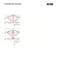 Barbaro Racing KD7402 brake pad shape drawing - 192.5 x 79.6 x 19.3 mm