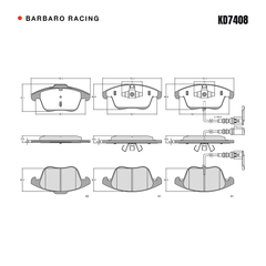 Barbaro Racing KD7408 brake pad shape drawing - 155.3 x 72.1 x 19 mm