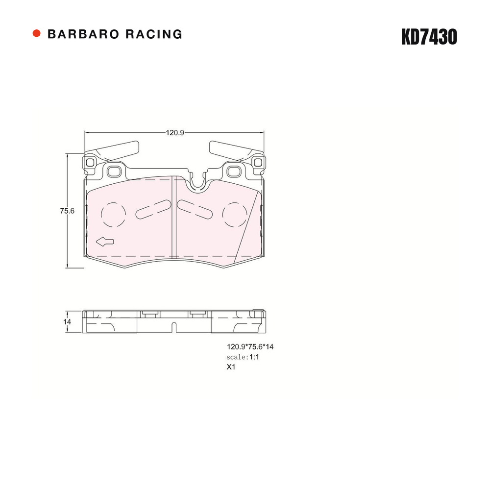 Barbaro Racing KD7430 brake pad shape drawing - 120.9 x 75.6 x 14 mm