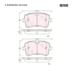 Barbaro Racing KD7435 brake pad shape drawing - 116.4 x 59 x 16.4 mm