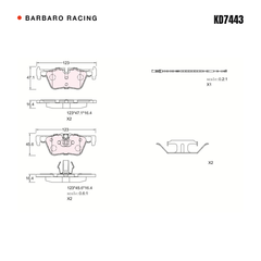 Barbaro Racing KD7443 brake pad shape drawing - 123 x 46.9 x 16.4 mm