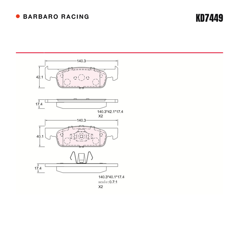 Barbaro Racing KD7449 brake pad shape drawing - 140.3 x 42 x 17.4 mm
