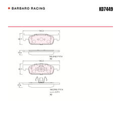 Barbaro Racing KD7449 brake pad shape drawing - 140.3 x 42 x 17.4 mm