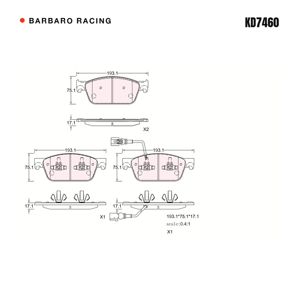 Barbaro Racing KD7460 brake pad shape drawing - 193.1 x 75.1 x 17.1 mm