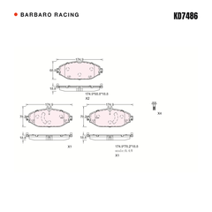 Barbaro Racing KD7486 brake pad shape drawing - 174.9 x 68.8 x 18.8 mm