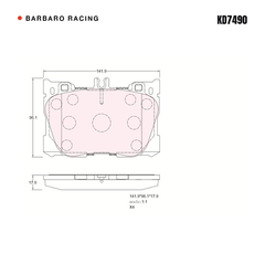 Barbaro Racing KD7490 brake pad shape drawing - 141.9 x 96.1 x 17.9 mm