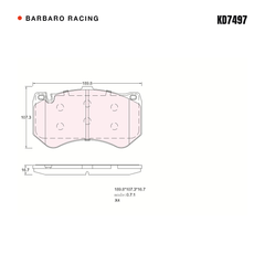 Barbaro Racing KD7497 brake pad shape drawing - 189.7 x 107.2 x 16.7 mm