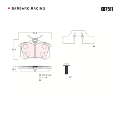 Barbaro Racing KD7511 brake pad shape drawing - 87.2 x 53.2 x 14.4 mm