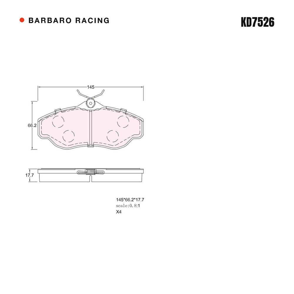 Barbaro Racing KD7526 brake pad shape drawing - 145 x 66 x 17.7 mm