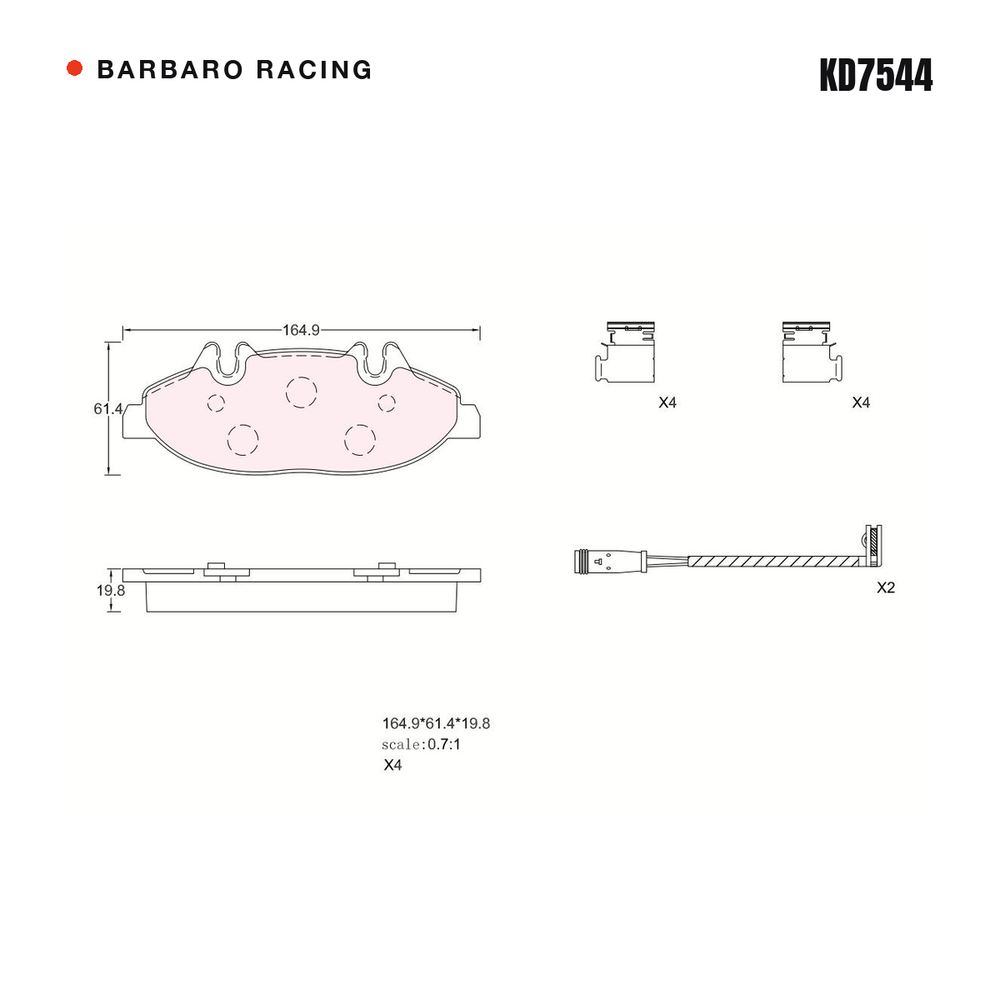 Barbaro Racing KD7544 brake pad shape drawing - 164.9 x 61.5 x 19.8 mm