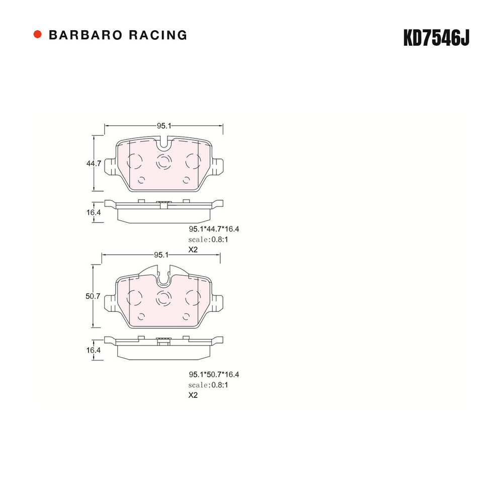 Barbaro Racing KD7546J brake pad shape drawing - 95.3 x 44.6 x 16.4 mm