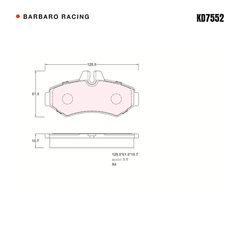 Barbaro Racing KD7552 brake pad shape drawing - 125.8 x 61.8 x 18.7 mm