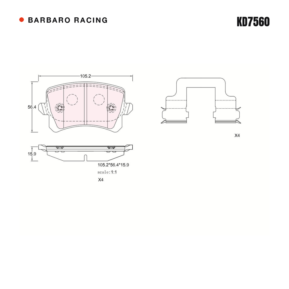 Barbaro Racing KD7560 brake pad shape drawing - 105.2 x 56.3 x 15.9 mm
