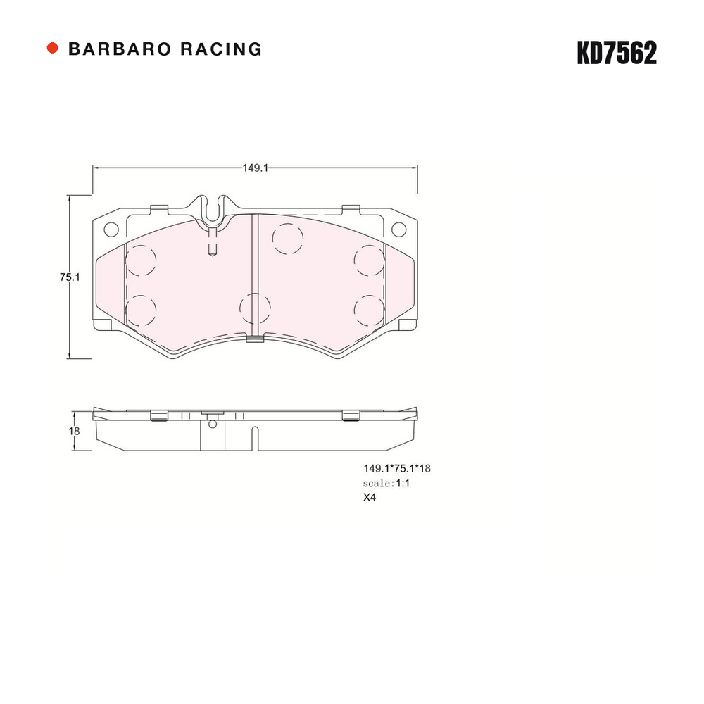Barbaro Racing KD7562 brake pad shape drawing - 149.2 x 75.2 x 18 mm