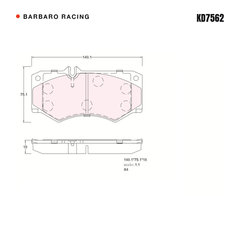 Barbaro Racing KD7562 brake pad shape drawing - 149.2 x 75.2 x 18 mm