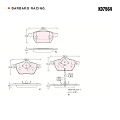 Barbaro Racing KD7564 brake pad shape drawing - 156.5 x 74 x 19.1 mm