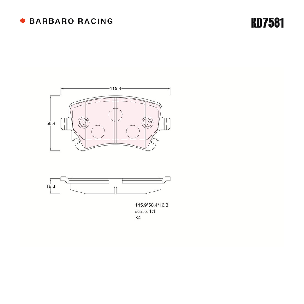 Barbaro Racing KD7581 brake pad shape drawing - 115.9 x 58.5 x 16.3 mm