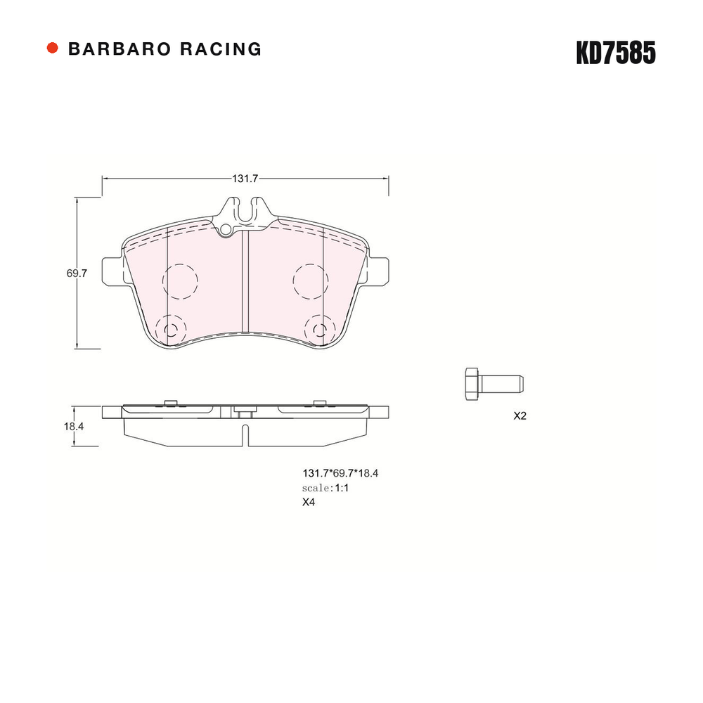 Barbaro Racing KD7585 brake pad shape drawing - 131 x 69.7 x 18.4 mm