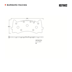 Barbaro Racing KD7602 brake pad shape drawing - 206 x 86.5 mm