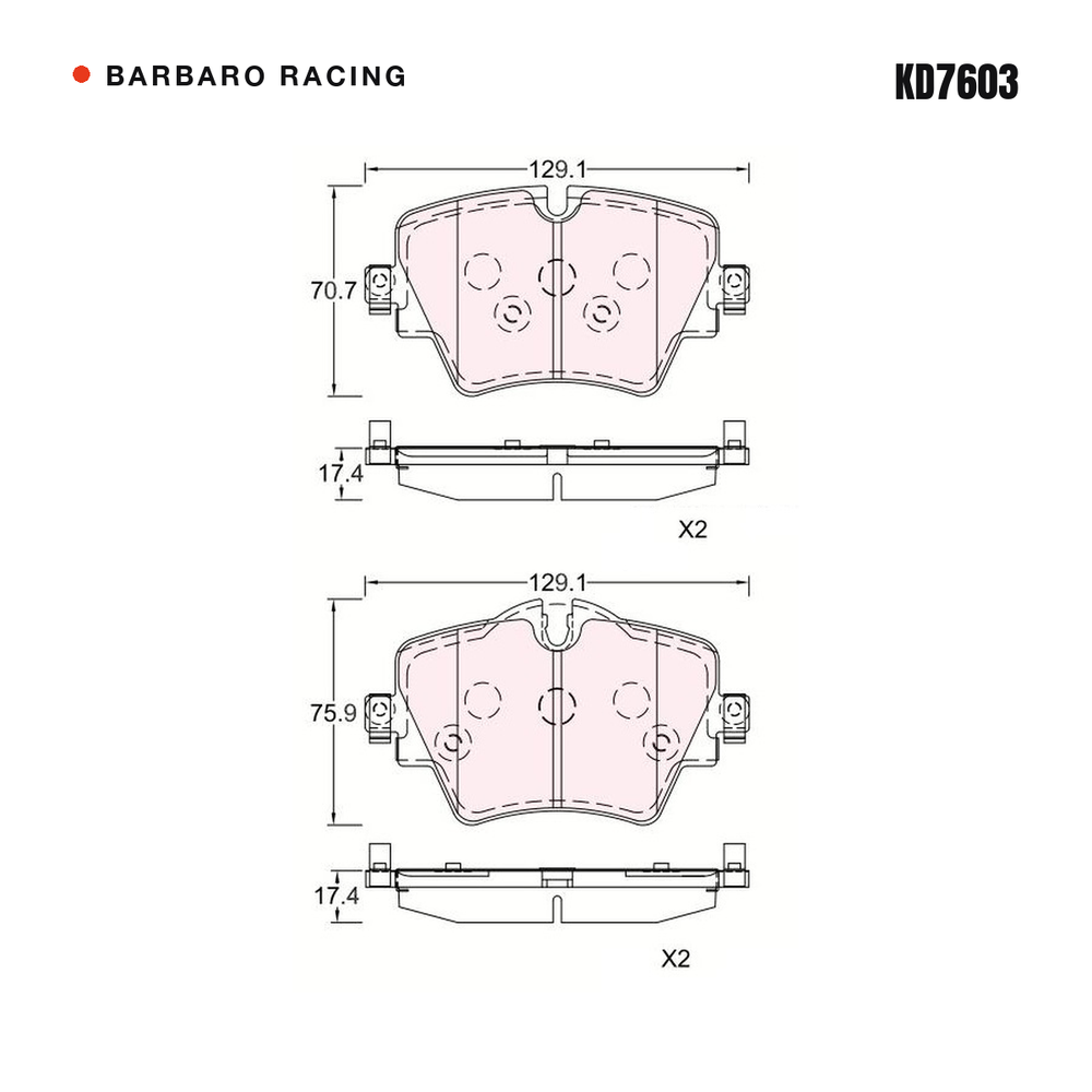 Barbaro Racing KD7603 brake pad shape drawing - 129.1 x 70.7 x 17.4 mm