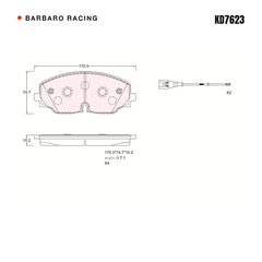 Barbaro Racing KD7623 brake pad shape drawing - 178.9 x 74.7 x 18.2 mm