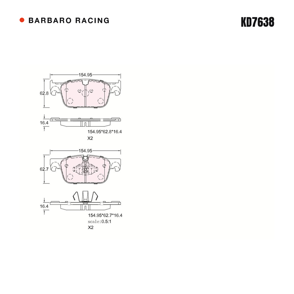 Barbaro Racing KD7638 brake pad shape drawing - 154.9 x 62.8 x 16.4 mm