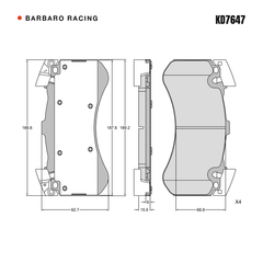 Barbaro Racing KD7647 brake pad shape drawing - 188.6 x 92.7 x 15.9 mm