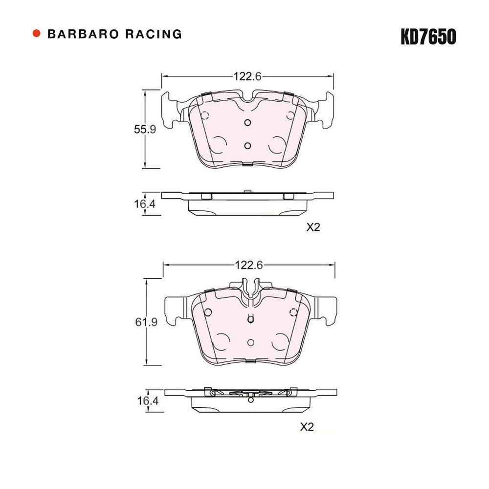 Barbaro Racing KD7650 brake pad shape drawing - 122.6 x 56.2 x 15.4 mm