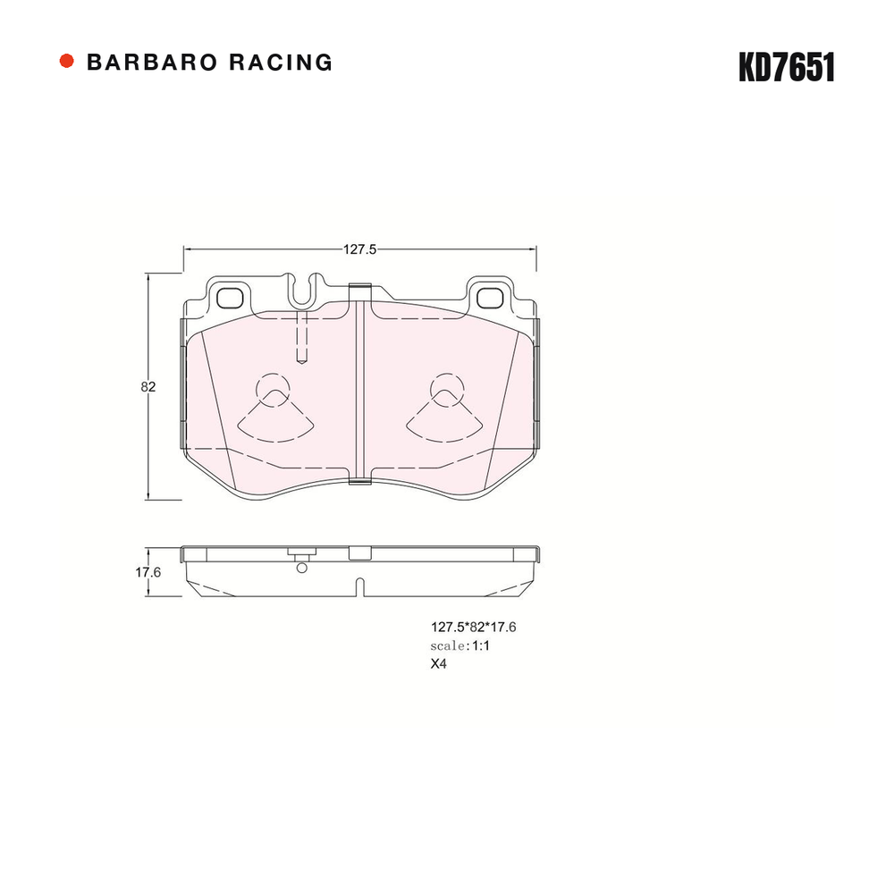 Barbaro Racing KD7651 brake pad shape drawing - 127.5 x 82 x 17.6 mm