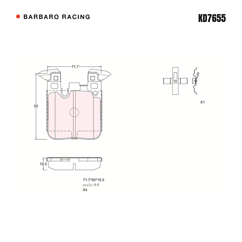 Barbaro Racing KD7655 brake pad shape drawing - 71.7 x 88 x 15.8 mm