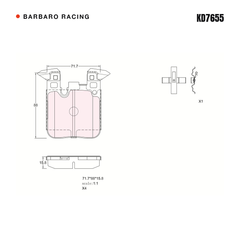 Barbaro Racing KD7655 brake pad shape drawing - 71.7 x 88 x 15.8 mm