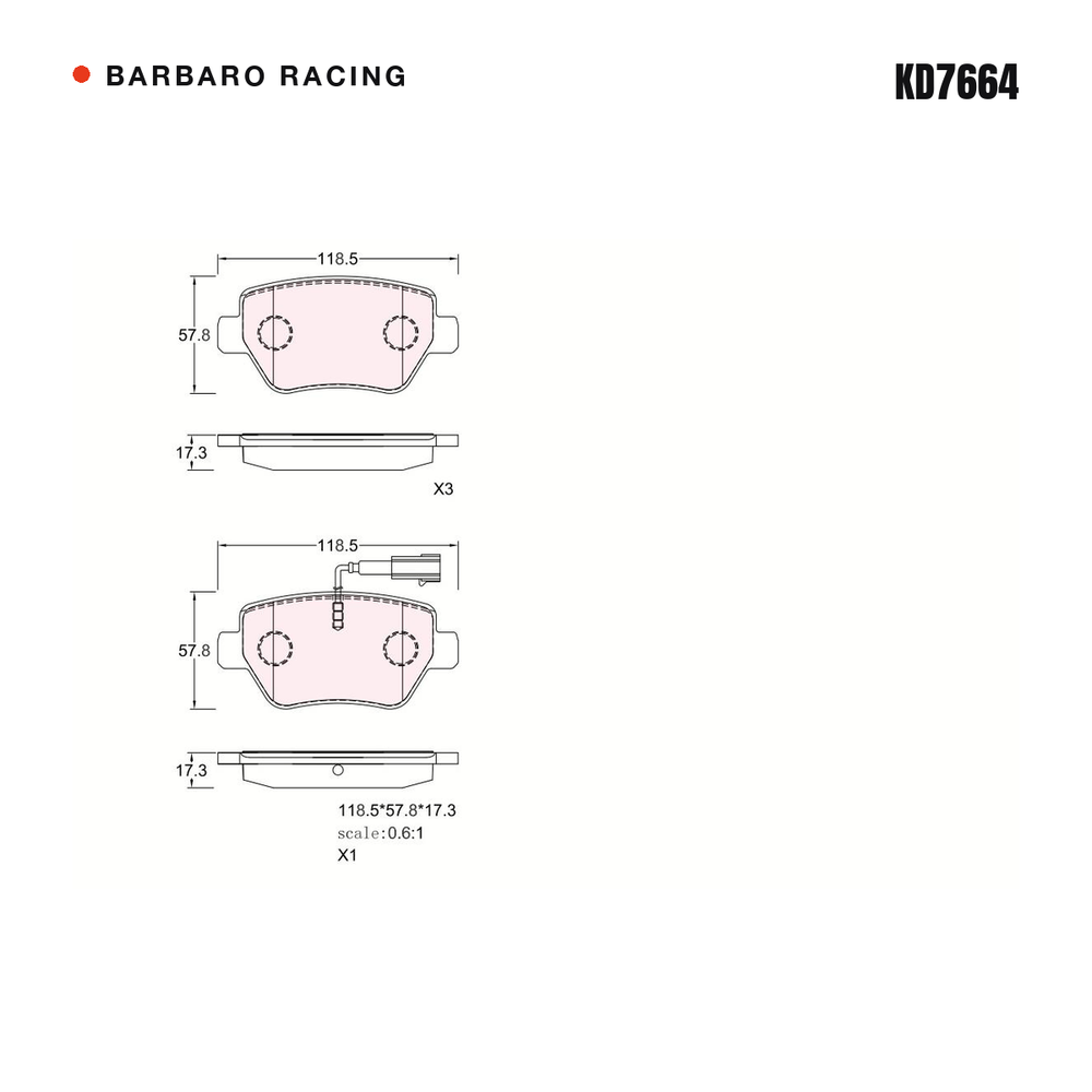 Barbaro Racing KD7664 brake pad shape drawing - 118.5 x 57.8 x 17.3 mm
