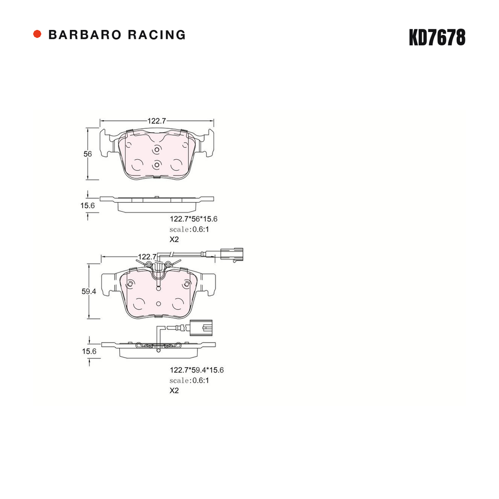 Barbaro Racing KD7678 brake pad shape drawing - 122.7 x 55.9 x 15.3 mm