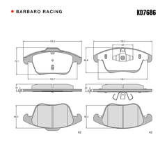 Barbaro Racing KD7686 brake pad shape drawing - 155.3 x 72.1 x 19 mm