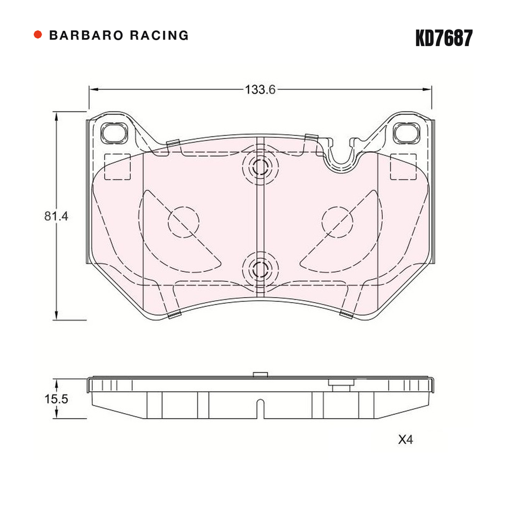 Barbaro Racing KD7687 brake pad shape drawing - 133.6 x 81.4 x 15.5 mm