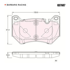 Barbaro Racing KD7687 brake pad shape drawing - 133.6 x 81.4 x 15.5 mm