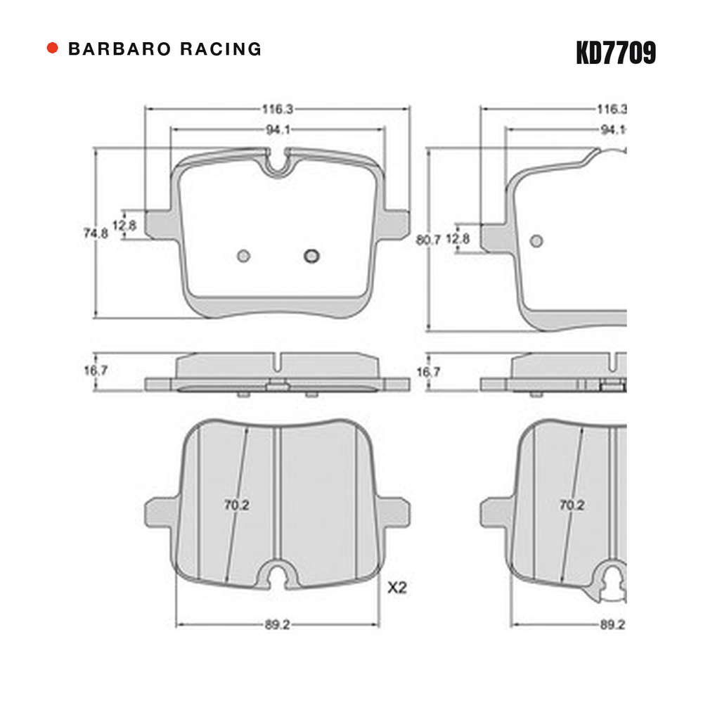 Barbaro Racing KD7709 brake pad shape drawing - 116.3 x 80.7 x 16.7 mm