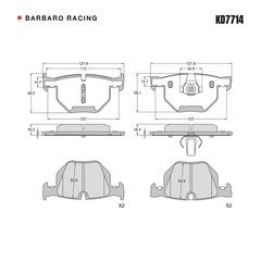 Barbaro Racing KD7714 brake pad shape drawing - 121.9 x 59.2 x 16.3 mm