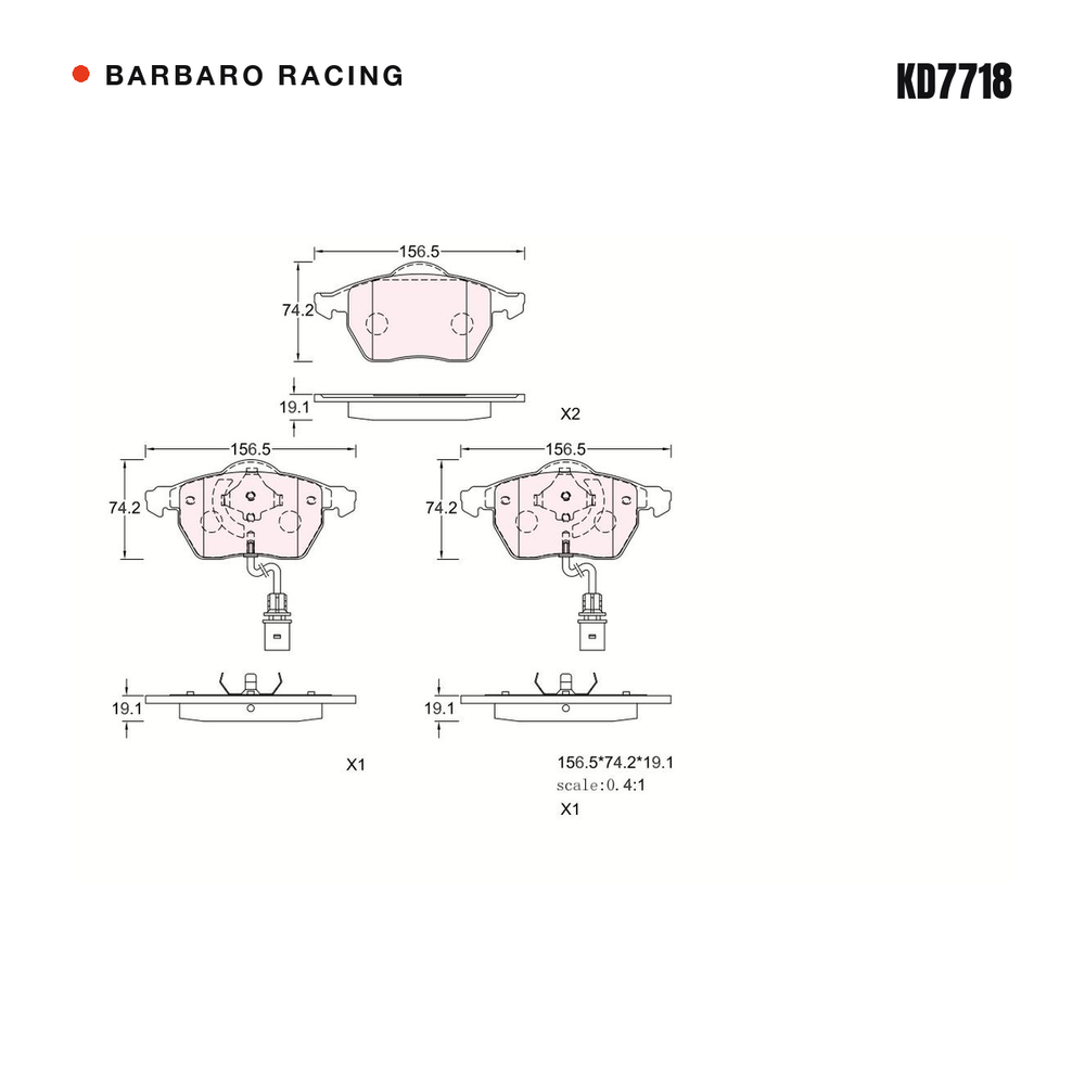 Barbaro Racing KD7718 brake pad shape drawing - 156.5 x 74.2 x 19.1 mm