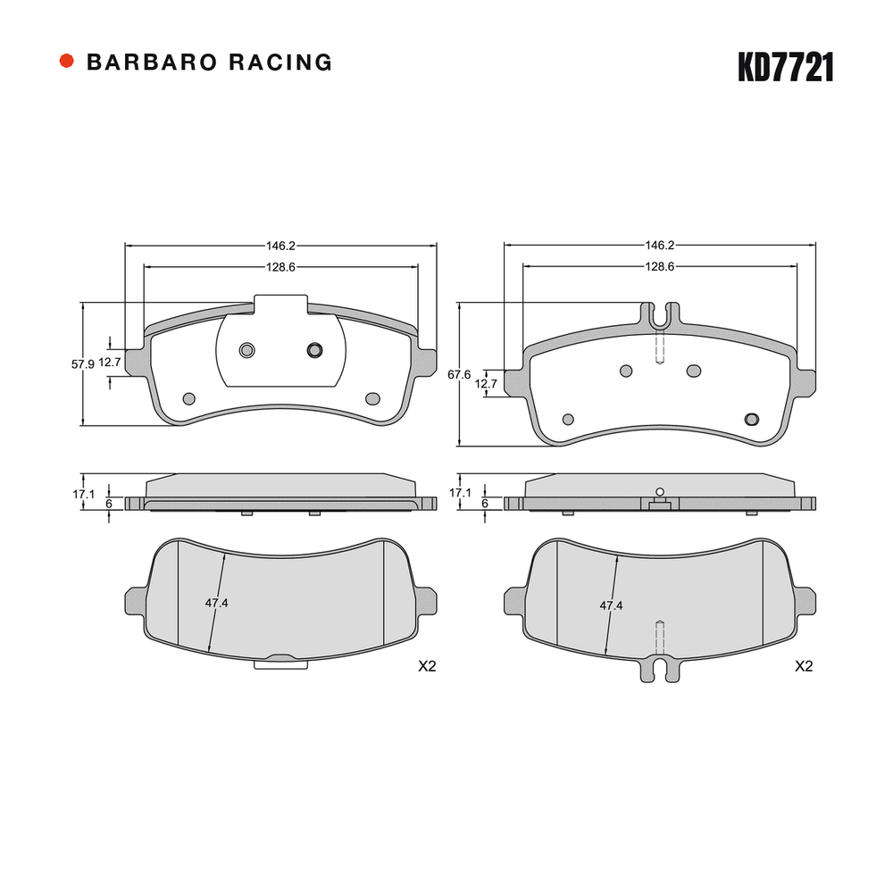 Barbaro Racing KD7721 brake pad shape drawing - 146.2 x 67.6 x 17.1 mm