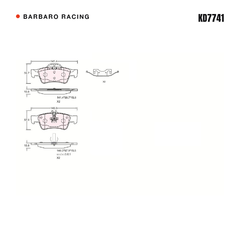 Barbaro Racing KD7741 brake pad shape drawing - 141.5 x 59.6 x 15.8 mm