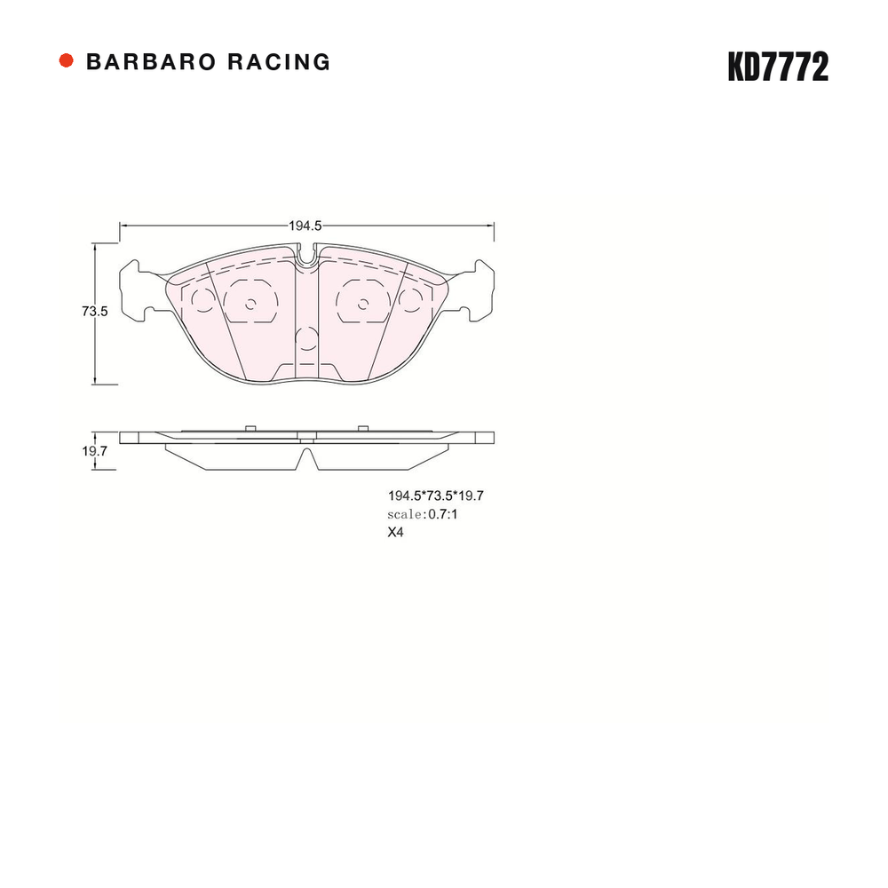 Barbaro Racing KD7772 brake pad shape drawing - 194.5 x 73.5 x 19.7 mm