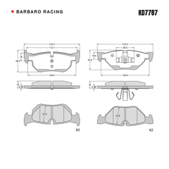 Barbaro Racing KD7787 brake pad shape drawing - 123 x 48.2 x 16 mm
