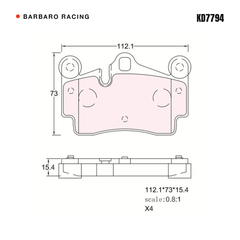 Barbaro Racing KD7794 brake pad shape drawing - 112.1 x 73 x 15.4 mm