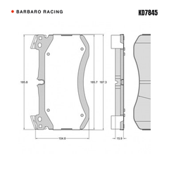 Barbaro Racing KD7845 brake pad shape drawing - 187.3 x 104.8 x 15.9 mm