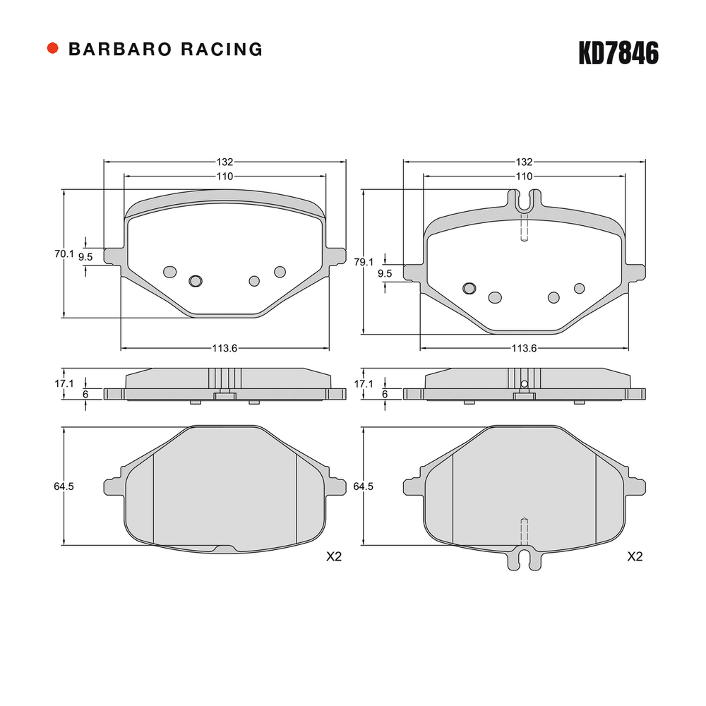Barbaro Racing KD7846 brake pad shape drawing - 132 x 79.1 x 17.1 mm