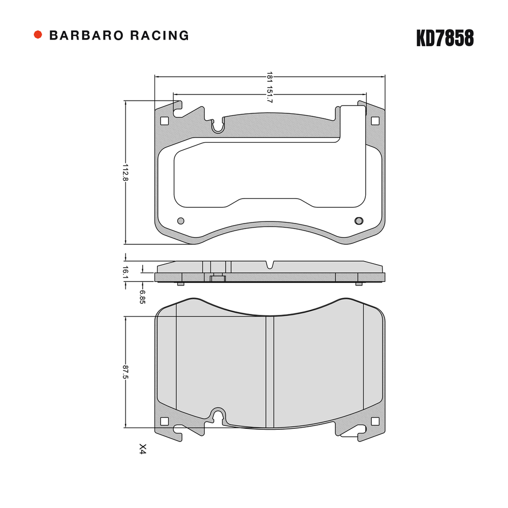 Barbaro Racing KD7858 brake pad shape drawing - 181 x 112.8 x 16.1 mm