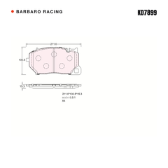 Barbaro Racing KD7899 brake pad shape drawing - 211.6 x 106.5 x 15.3 mm