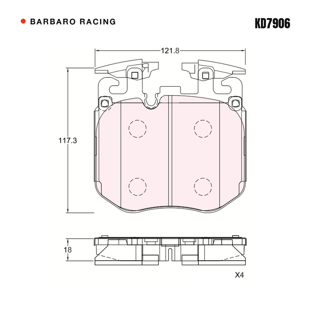 Barbaro Racing KD7906 brake pad shape drawing - 121.8 x 117.3 x 18 mm