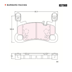 Barbaro Racing KD7908 brake pad shape drawing - 129.9 x 80.1 x 16 mm